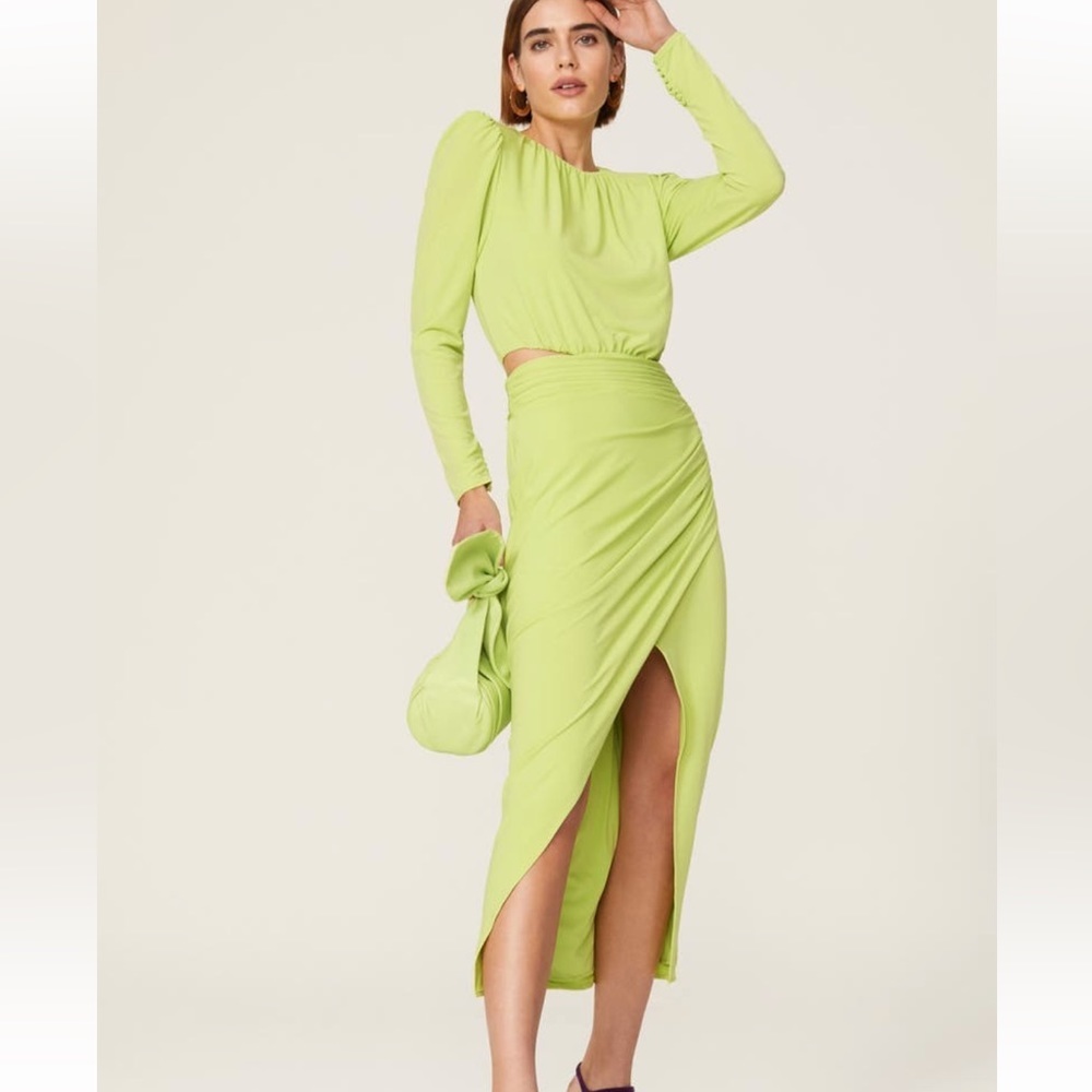 Self-Portrait Long Sleeve Ruched High Neck Asymmetric Wrap Hem Midi Dress Green
